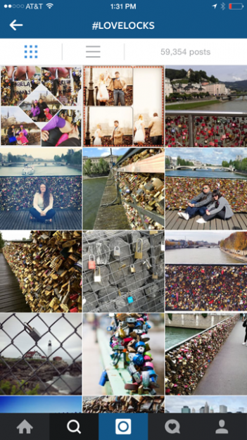 A snapshot of the #LoveLocks Instagram photos showing the bridge of locks in Paris, prior to it being disassembled