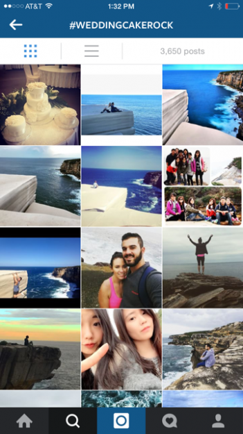 A Snapshot of the #WeddingCakeRock Hashtag on instagram - this tag is drawing tourists who are willing to risk it all to get a great shot